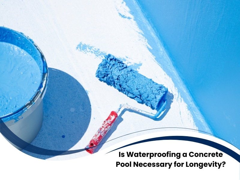 Worker applying blue sealant with roller for waterproofing a concrete pool.