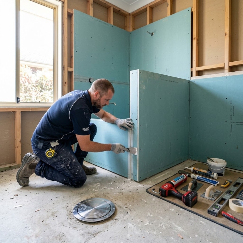 Bathroom renovation in Sydney showing pre-waterproofing checks around floor waste and wall junctions.