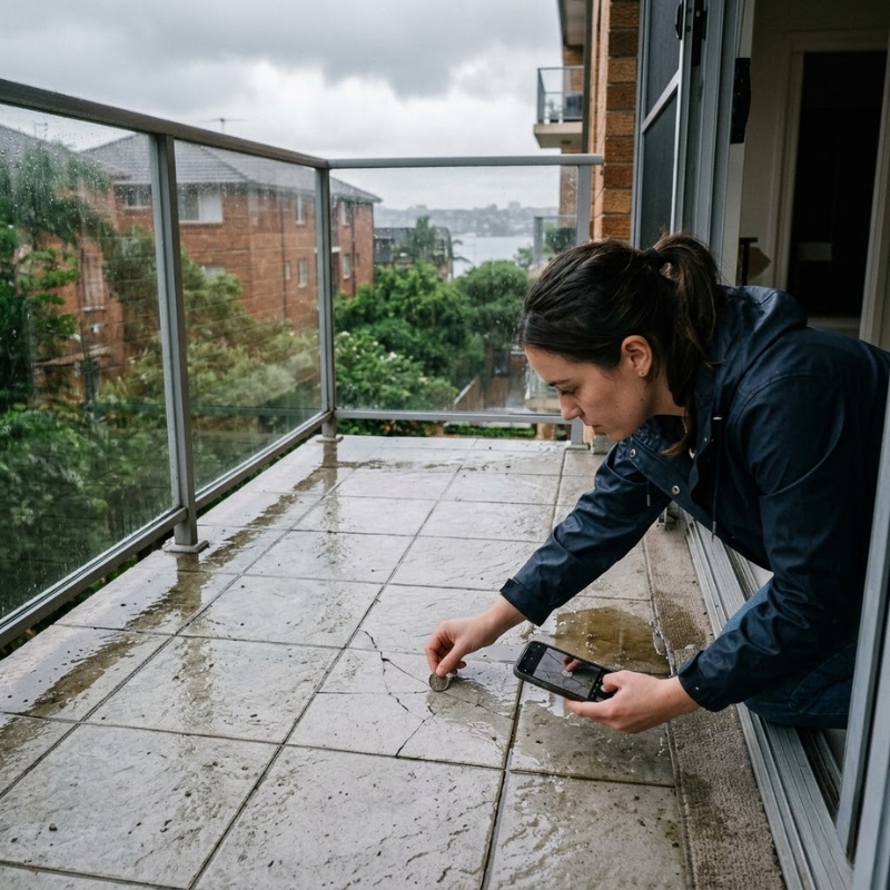 Cracked balcony tiles near a Sydney apartment doorway with water pooling after rain.