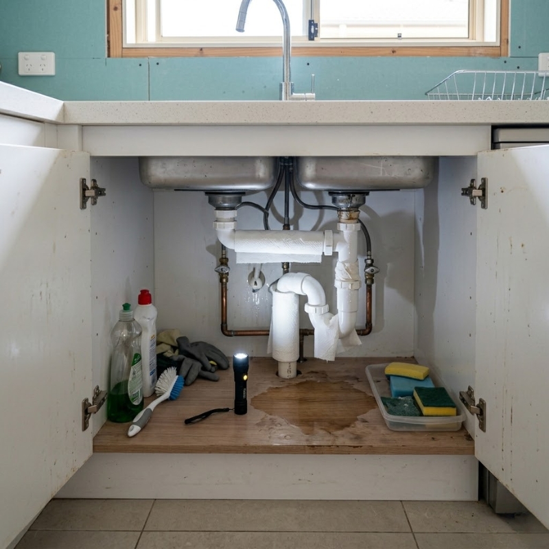 Paper towel leak test under a kitchen sink showing isolating valves and trap in a Sydney home.