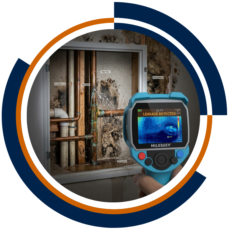 Thermal camera detecting leaking pipe and wall moisture inside a Sydney property