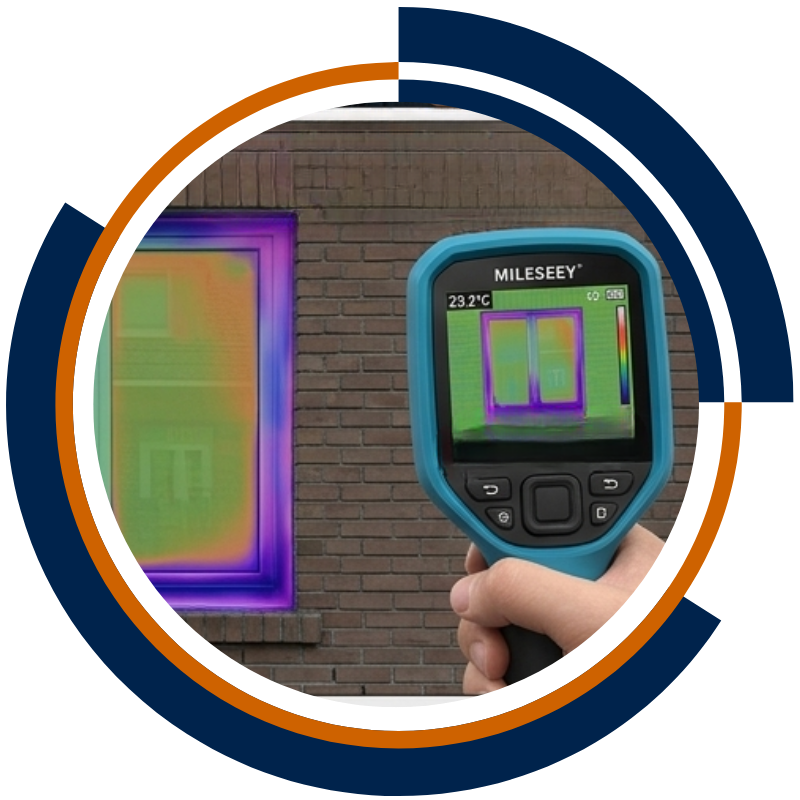 Thermal camera checking window moisture and heat loss on a Sydney brick home